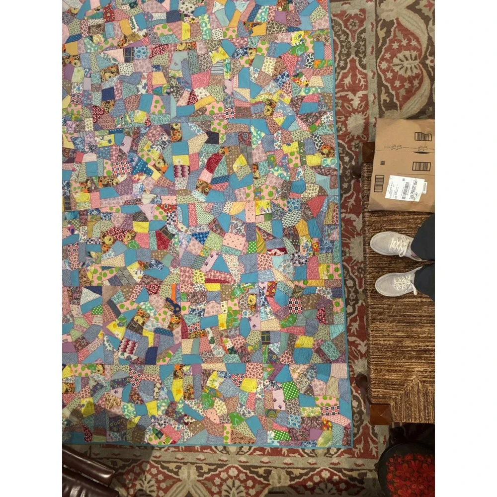 Vtg 1930/40s Feedsack Crazy Patch Quilt Hand Pieced & Quilted 99 X 114‎ inches